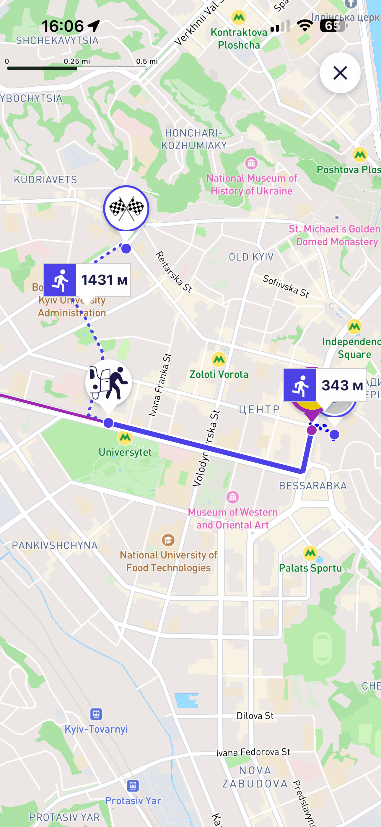 Карта маршруту з точками посадки та висадки